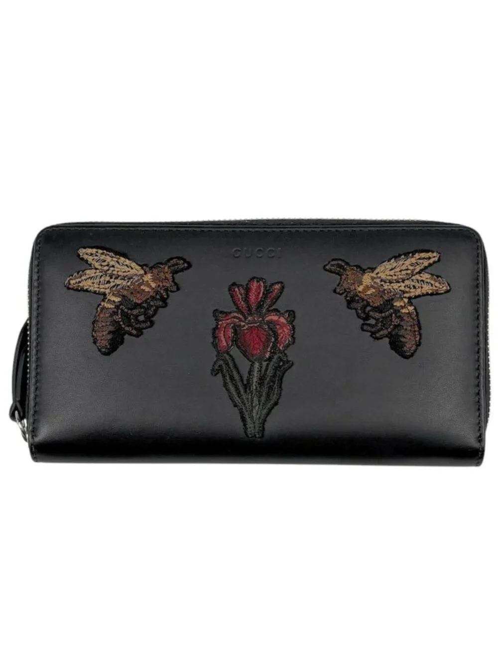 Gucci Wallet Embroidery Round Zip Leather Black